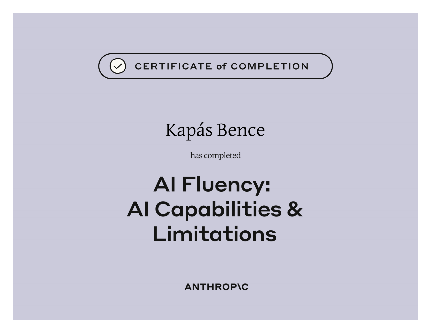 AI Fluency: AI Capabilities & Limitations certificate of completion from Anthropic