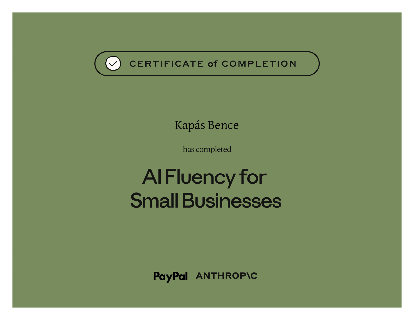 AI Fluency for Small Businesses certificate of completion from Anthropic