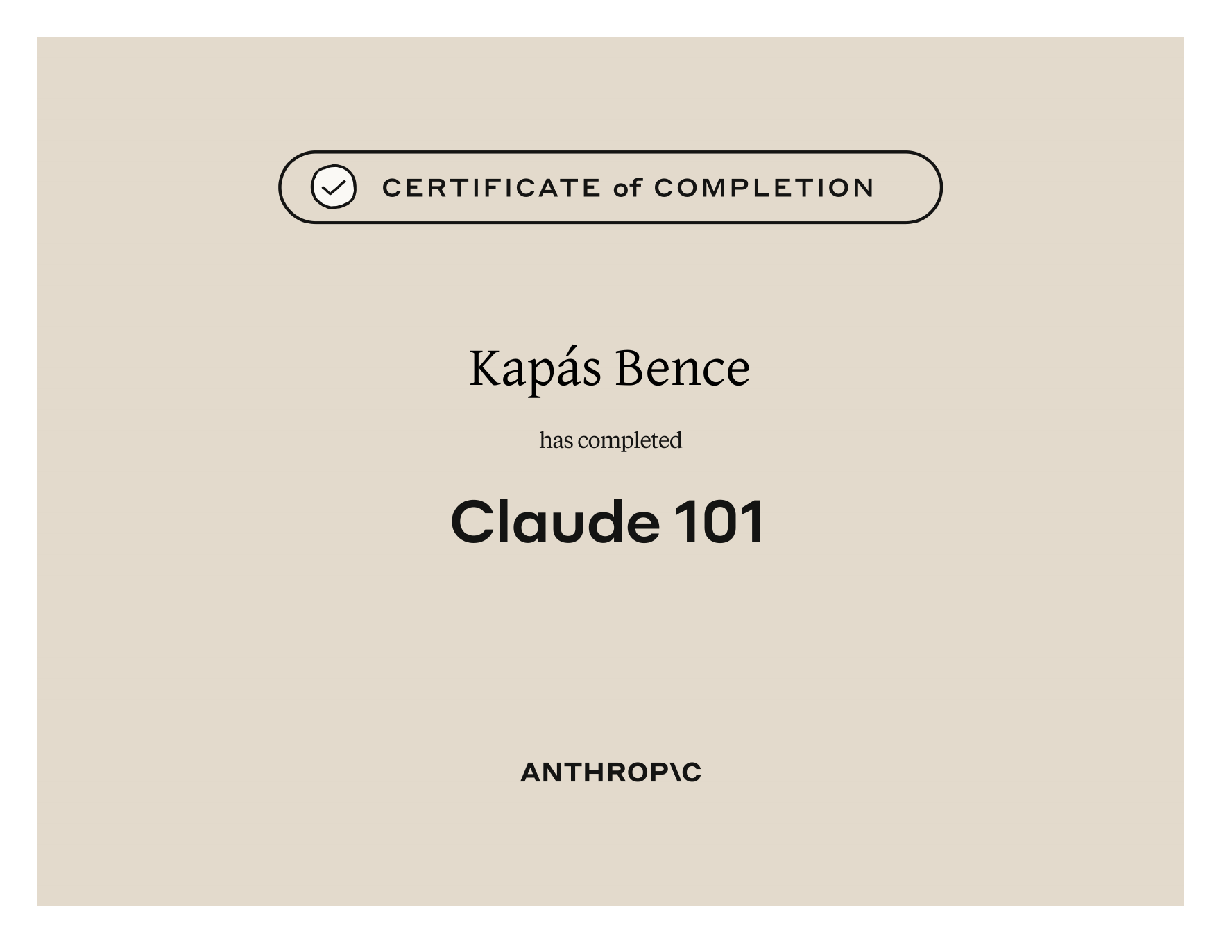 Claude 101 certificate of completion from Anthropic