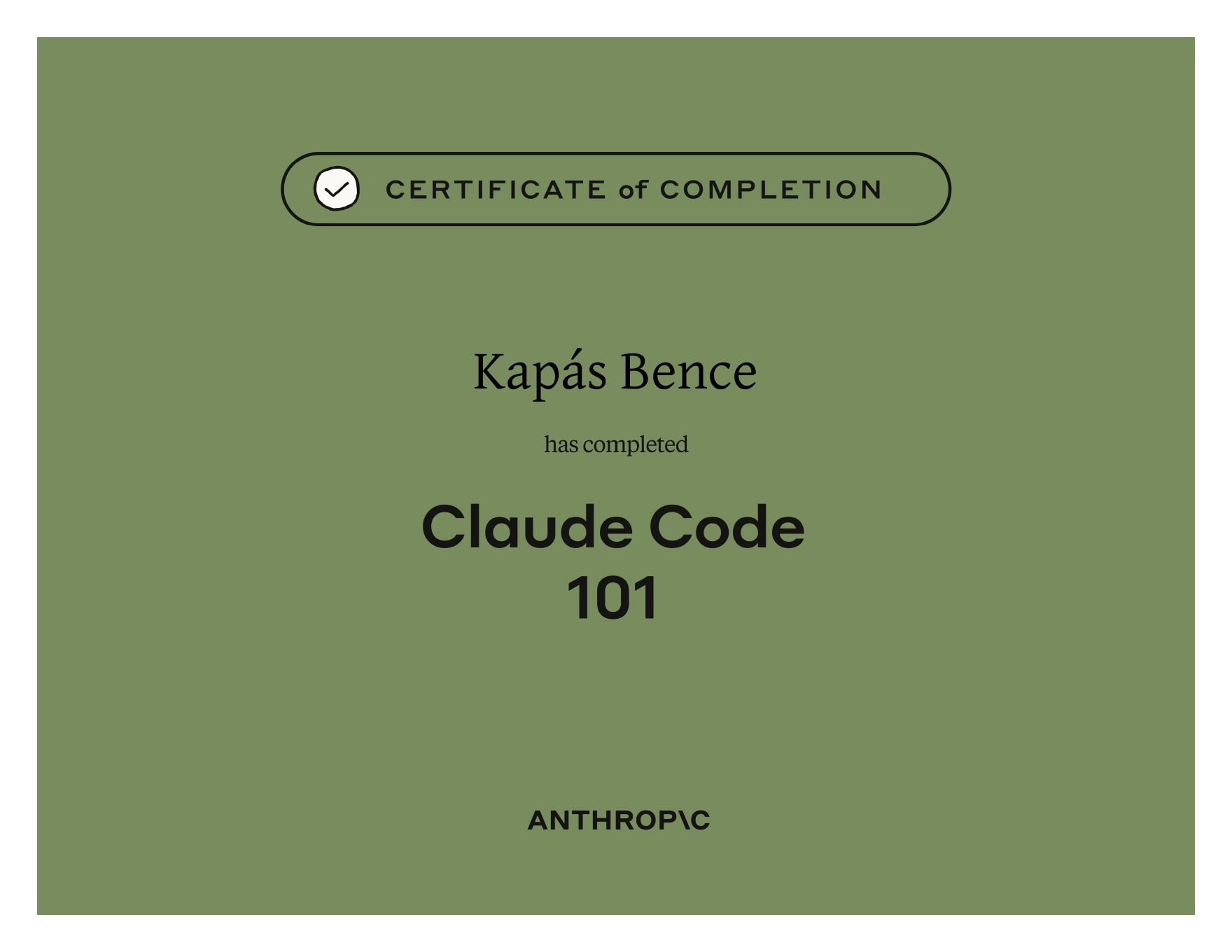 Claude Code 101 certificate of completion from Anthropic